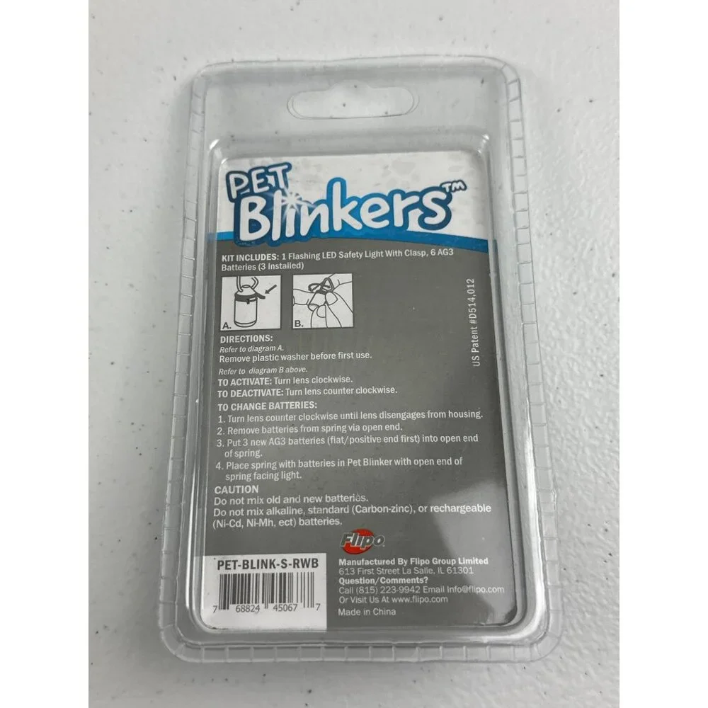 Pet Blinkers SMALL Breed LED Safety Light Flashing Red/White/Blue Weather Resist